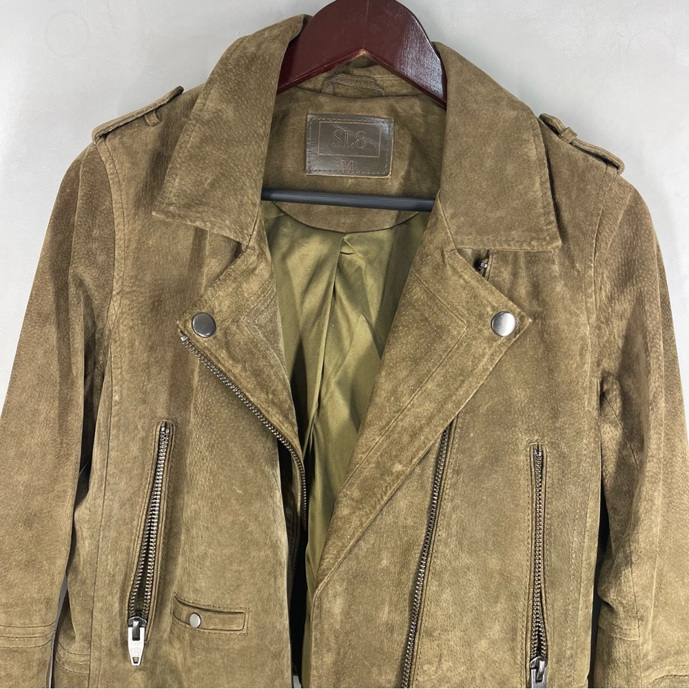 SL8 Blank Nyc Women's Green olive Suede Leather Moto Jacket Asymmetric Crop SZ M - Picture 8 of 13